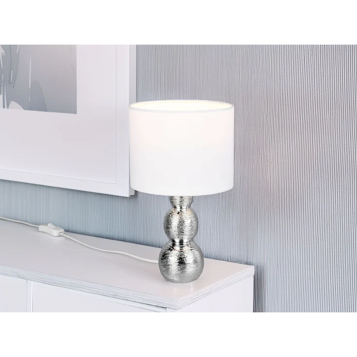 Tischleuchte LOVA mit Keramikfuß Silber & Stoffschirm Weiß, Höhe 29cm – Bild 1