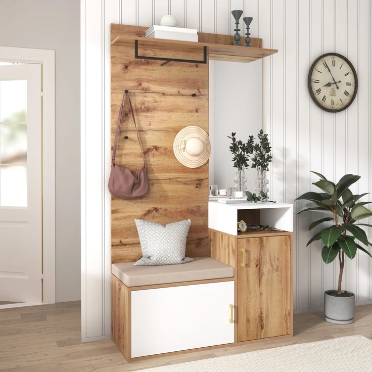 Garderobe Schuhschrank Flurmöbel 105 cm Weiß Holz - Mit Spiegel, Sitzbank, Haken & Stange, höhenverstellbar – Bild 1