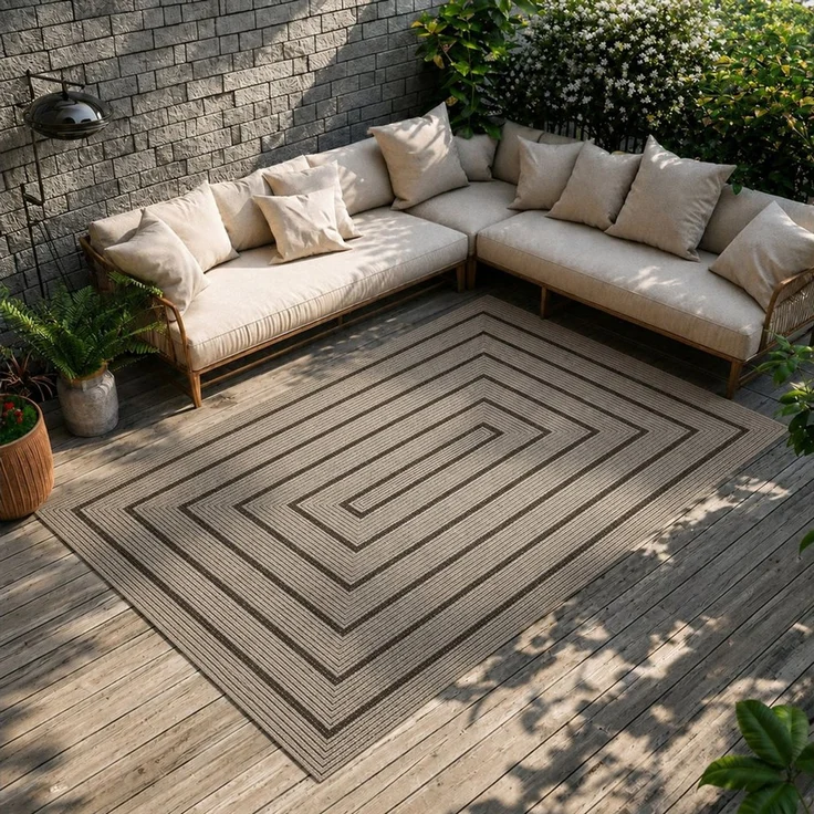 Vimoda Outdoorteppich Ventura, wetterfest robust kurzflor teppich Balkon Terrasse Küche, Rechteckig, Höhe: 5 mm, In- & Outdoor geometrisches Design Teppich waschbar in Grün Beige Grau – Bild 3