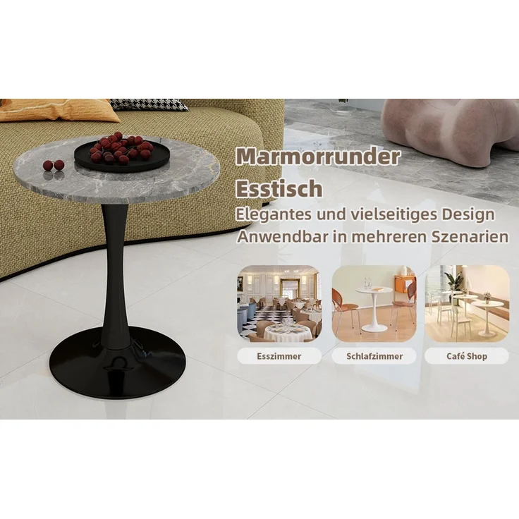 Novelux Runder Esstisch 70 cm – Couchtisch Schwarz Marmoroptik, Mid-Century Modern Tisch für 2-4 Personen, Dunkelgraue Maserung – Bild 6