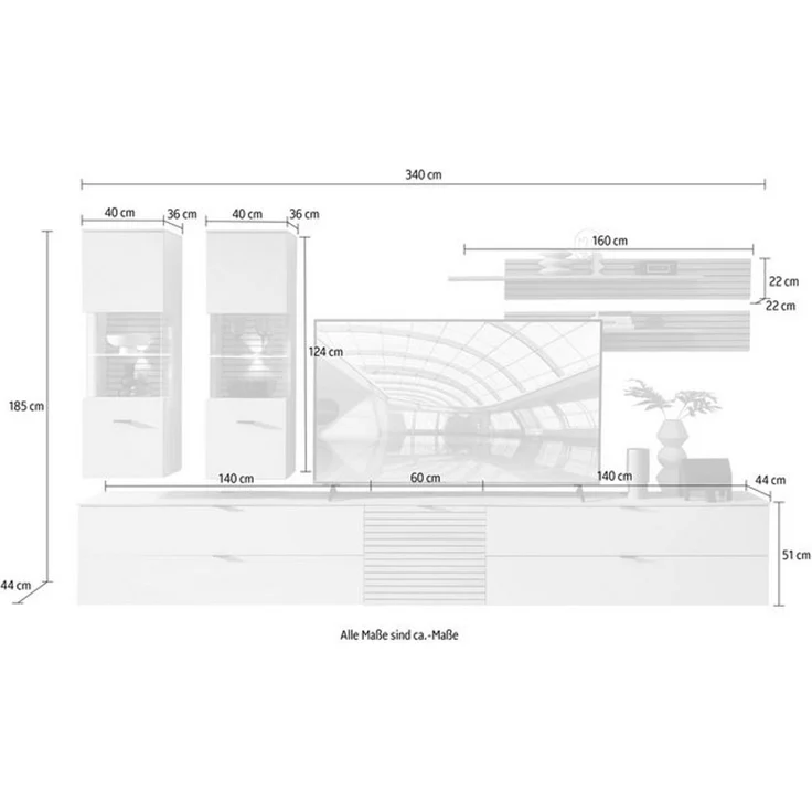 Stella Trading INA Wohnwand Komplett-Set in Kaschmir, Riva Eiche Optik FSC-Zertifiziert - Moderne Schrankwand 7-teilig mit LED-Beleuchtung für Ihr Wohnzimmer - 340 x 185 x 44 cm (B/H/T) – Bild 4