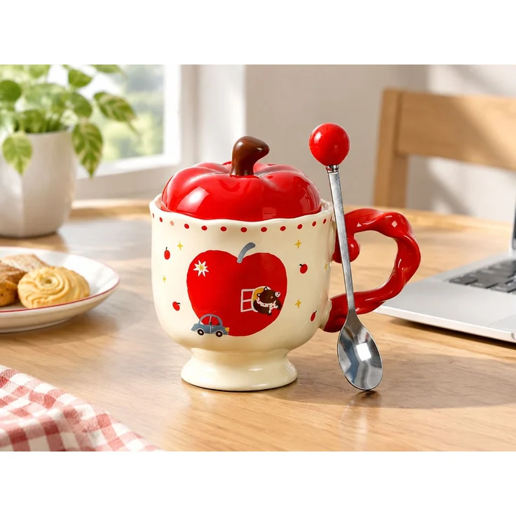 Kaffeetasse in Apfelform mit Deckel und Löffel Keramikbecher Rot 14 x 10 x 14 cm – Bild 2