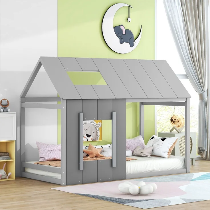 Kinderbett 90x200 cm in Hausform, Montessori Bett mit Dach und Fenster,offenes Design zum Dekorieren, Grau – Bild 1