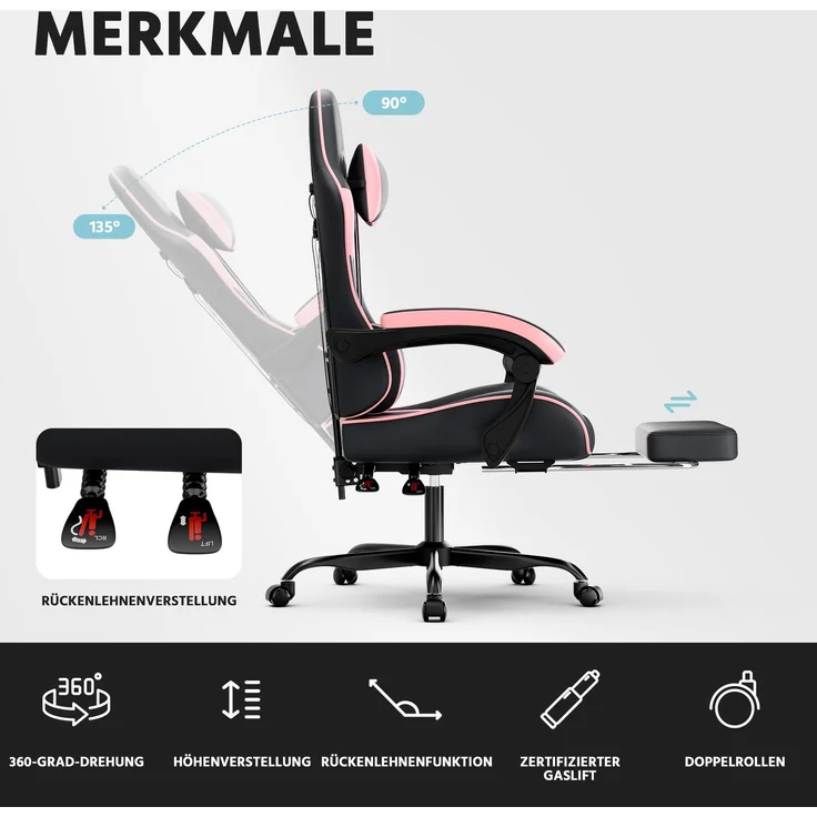 Gaming-Stuhl, PVC-Leder, ergonomisch, mit verstellbarer Rückenlehne & Fußstütze, 58,5x63x120,5 cm, Schwarz+Rosa – Bild 6