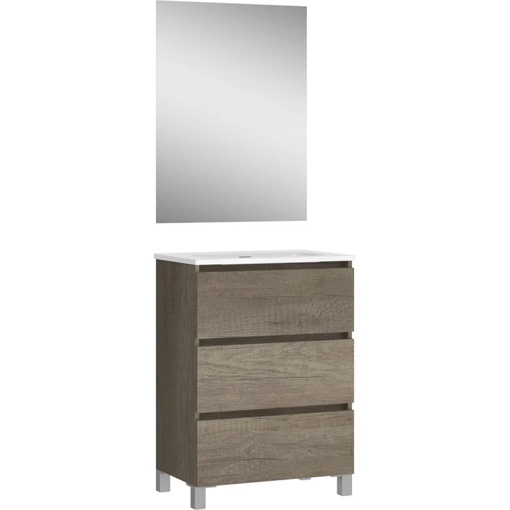 Baikal, Badezimmer-Set Natura mit reduziertem Boden, Keramikwaschbecken, Aufteilung mit DREI Schubladen, montierter Möbel, DREI Schubladen mit Spiegel, Tiefe 39 cm, 60 cm Nebraska