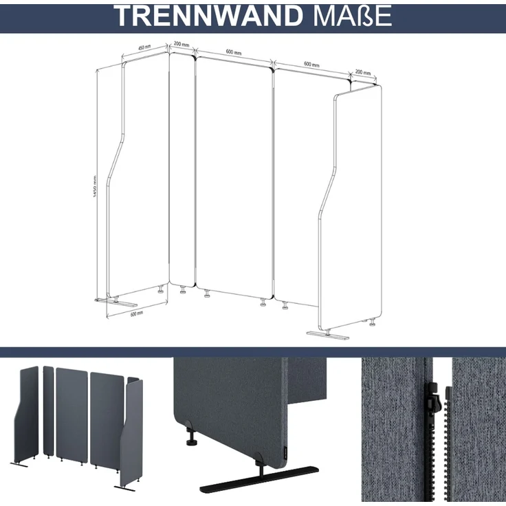 Akustik-Trennwand mit Schalldämmung PEOLT - 145x280x1,8cm Anthrazit | Stellwand Büro Raumteiler Office-Akustikwand Sichtschutz freistehend – Bild 2