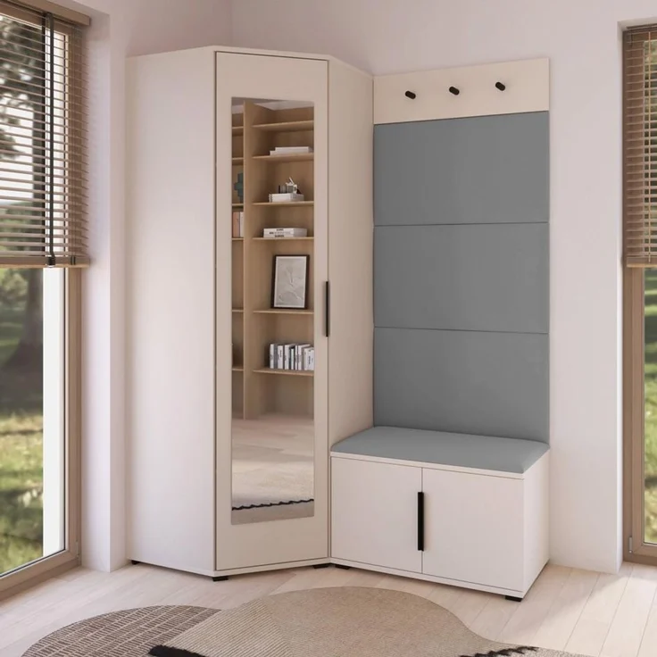 Garderoben-Set Napoli Version 17: Eckschrank mit Polsterpaneelen, Schuhschrank und Schrankaufsatz Flur und Eingangsbereich (Cashmere/Trinity 14), 189 x 70 x 140 cm – Bild 7