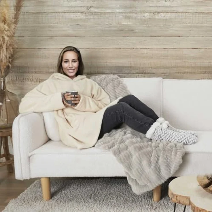 HOME DECO FACTORY, TX91671, Sherpa Linen Interior Hoodie, Soft and Fluffy Comfort, Ideal for Cocooning Evenings, Versatile as a Plaid or Bed Throw, Size M, Beige – Bild 4