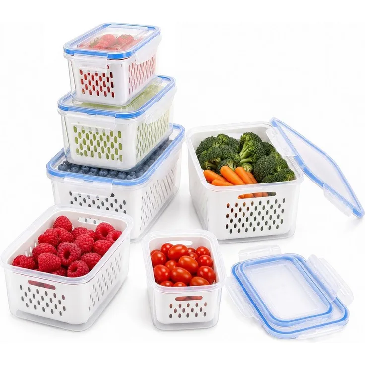 BlingBin Frischhaltedose 6 Stück Obst Aufbewahrung Kühlschrank, Abtropfen Beeren-Behälter, PP-Kunststoff, (6er Set, 6-tlg, Material: PP-Kunststoff, 0,85L+1,75L+3,3L), Gemüse Aufbewahrungsbox Organizer Set für Kühlschrank