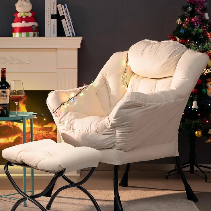 Sessel Ohrensessel Hocker Samt Lesesessel Beige mit Fußhocker – Bild 2