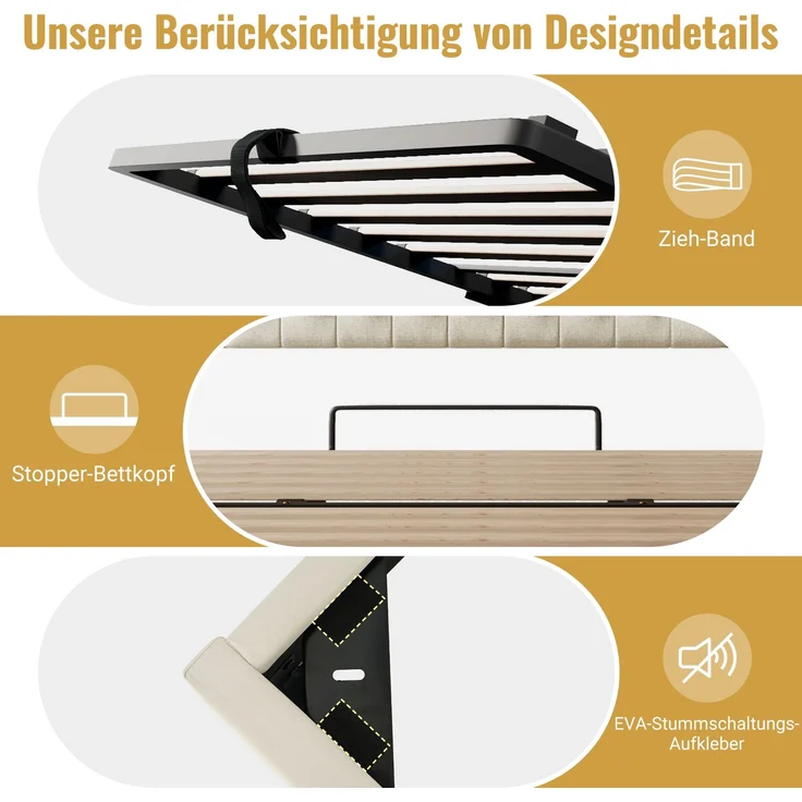 140x190 Doppelbett Polsterbett mit Lattenrost, LED & Bettkasten, Hydraulik, Leinen Beige & Walnuss, ohne Matratze – Bild 6