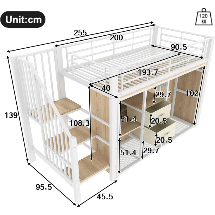 Halbhochbett 90×200 cm mit LED, 2 Schubladen und offenem Kleiderbereich, Weiß, ohne Matratze – Bild 5