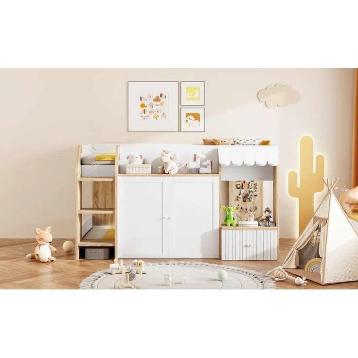Merax Kinderbett Hausbett 90x200cm, mit offenem Stauraum, mit Kletterleiter, Halbhohes Kinderhochbett, Massivholz-Kinderetagenbett ohne Matratze, Weiß+Holzfarbe – Bild 7