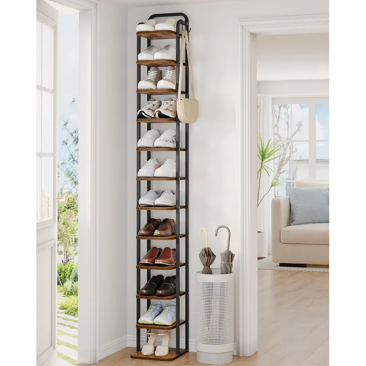 Vertikales Schuhregal, 12-Stockige Schuhregale, Schuhturm für kleine Räume, Freistehend, Verstellbar, Platzsparend, Braun und Schwarz