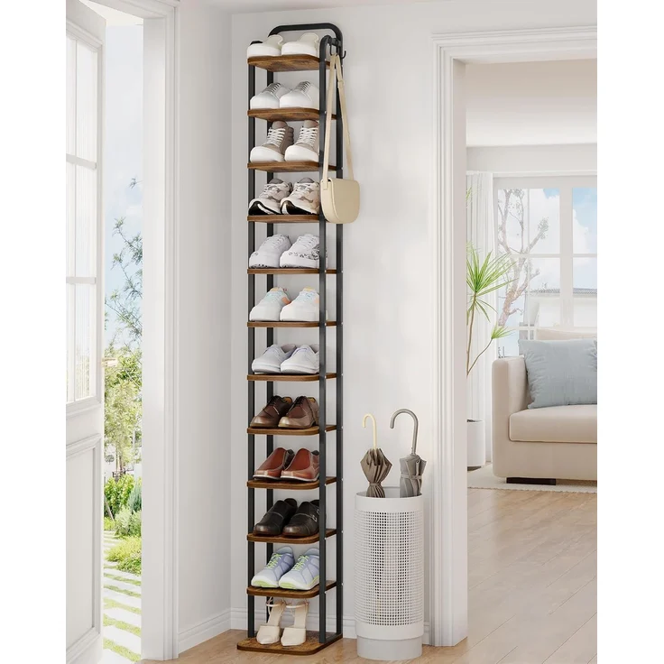 Vertikales Schuhregal, 12-Stockige Schuhregale, Schuhturm für kleine Räume, Freistehend, Verstellbar, Platzsparend, Braun und Schwarz – Bild 1