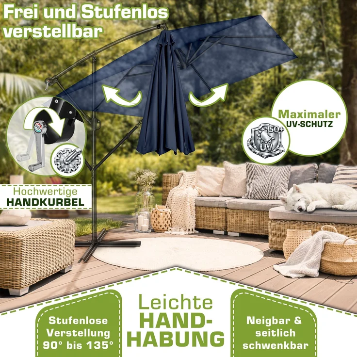 tillvex® Alu Sonnenschirm Rechteckig Ø 330 cm Navy-Blau + Abdeckung mit Kurbel | Ampelschirm Eckig mit Ständer & Windschutz | Gartenschirm UV-Schutz Aluminium | Kurbelschirm Marktschirm wasserdicht 360° drehbar – Bild 3