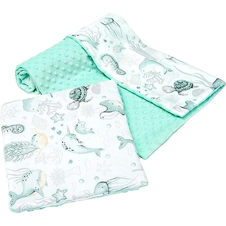 Medi Partners Babydecke Krabbeldecke mit Kissen 100% Baumwolle Minky Kinderdecke groß zweiseitig 75x100 + 35x30cm multifunktional für Bett Kinderwagen (Ozean mit minzer Minky) – Bild 2