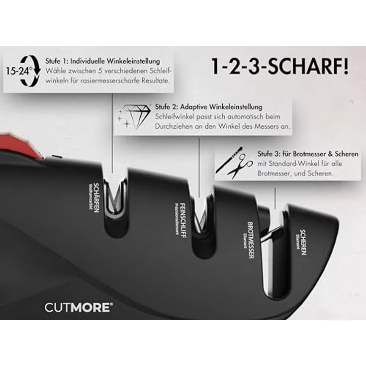 CUTMORE® Diamant Messerschärfer ProSharp, Winkelverstellbarer Messerschleifer für japanische- und Damastklingen, rutschsicher, auch für Brotmesser und Scheren, präzise Schleifwinkel von 15° bis 24° – Bild 3