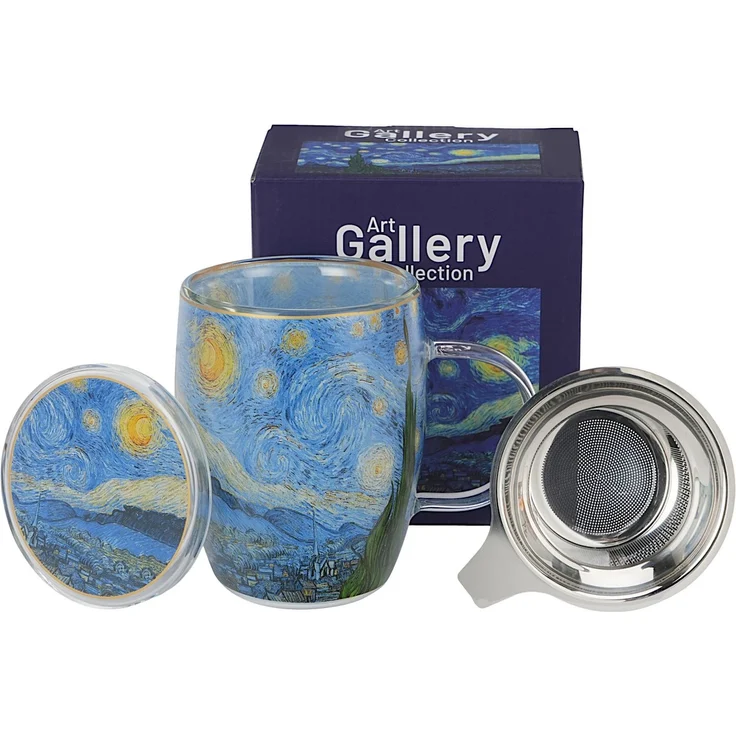 DUO ART GALLERY Glasbecher 350 ml mit Teesieb STARRY NIGHT inspired by Van Gogh, doppelwandiges Kristallglas – Bild 3