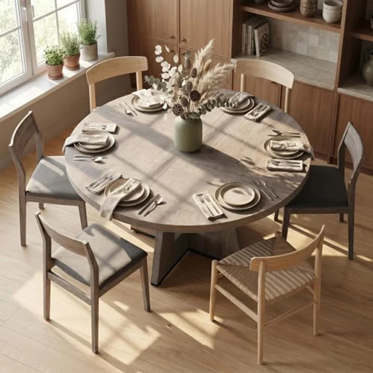 LITTLE TREE Runder Esstisch 120 cm, Esszimmertisch mit Holzsockel für 4–6 Personen, Kleiner Küchentisch im Minimalistischen Design, für Wohnzimmer Balkon Esszimmer, Grau – Bild 2