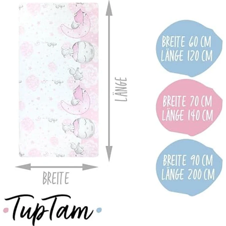 TupTam Spannbettlaken Baby, für Babybett/Kinderbett, 2er Pack, Mond mit Elefant / Rosa / Sterne / Grau, 60 x 120 cm – Bild 3