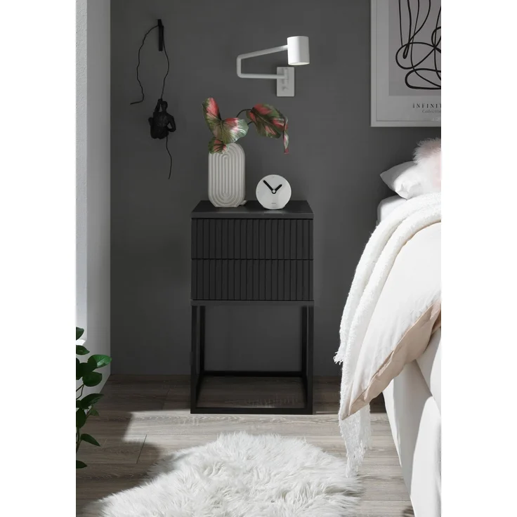 MARLE Nachttisch in Graphit - Moderner Nachtschrank mit Schubladen und schwarzem Metallgestell - 40 x 65 x 38,5 cm (B/H/T) – Bild 3