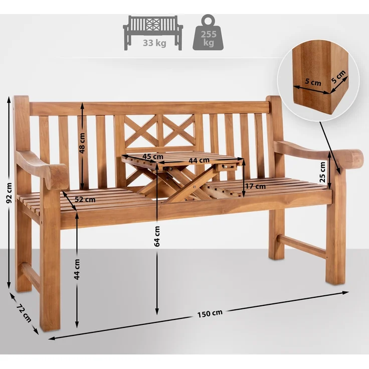 Gartenbank Teakbank PAKEL - Holz Teak 150x72x92 cm | Holzbank 150 Cm Mit Klapptisch Gartenbank Sitzbank Mit Lehne Wetterfest Bank Garten Terrasse – Bild 2