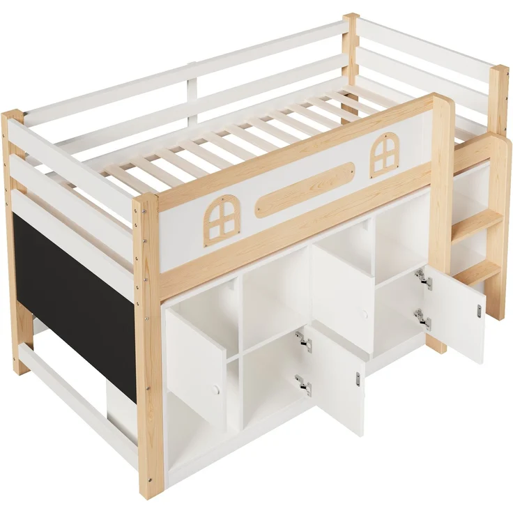 ZUBALIYA Halbhohes Bett, mit Ablagefächern und Leiter und Kreidetafel, Maße 90 x 200 cm, Weiß und Natur, Stockbett, fürs Schlafzimmer, Samt – Bild 14