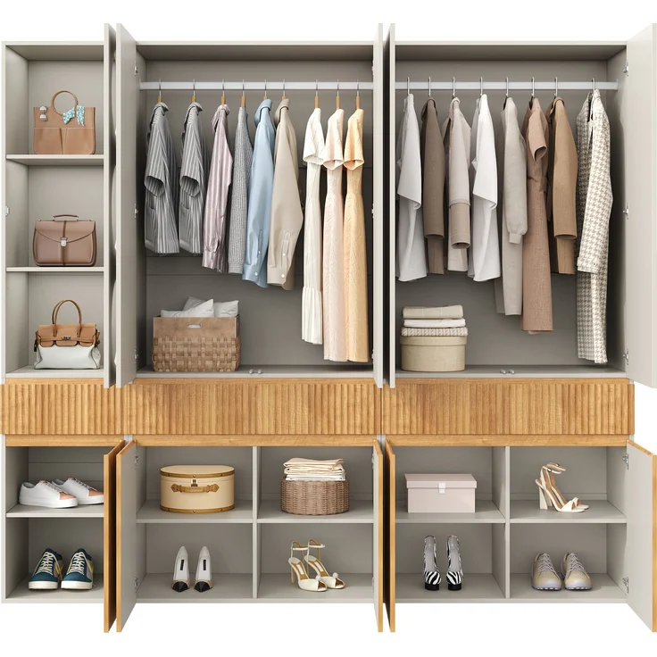 Drehtürenschrank 225 x 50 x 200 cm in heller Eichenoptik mit 10 Türen und 3 Schubladen – Bild 6