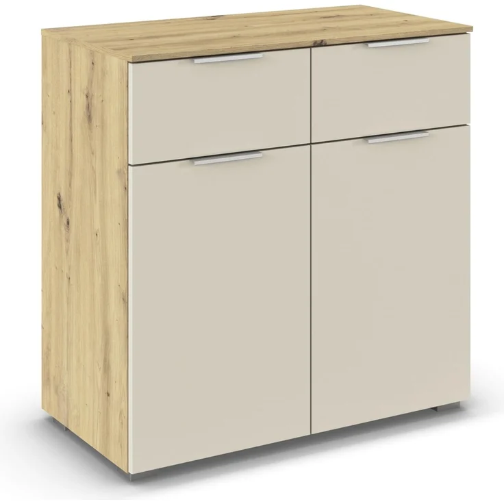 Rauch Möbel Alabama, Kommode für Schlafzimmer, Kinderzimmer, Garderobe, Flur, 2-türig, mit 2 Schubladen, Soft-Close-Funktion, Farbe Beige/Eiche Artisan, Holz, Griff Alufarben, Maße 80x81x42cm