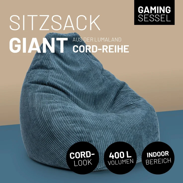 Lumaland Sitzsack GIANT Cord Sitzsack Stabile Lehne ideal fürs Gaming, verdeckter Reißverschluss, trendig & Gemütlichkeit vereint – Bild 3