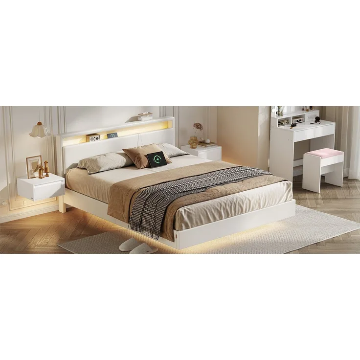 VASAGLE Bettgestell, Doppelbettgestell, 167 x 213 cm, schwebender visueller Effekt, Bett mit LED-Beleuchtung, hohem Kopfteil, Ladestation, modern, wolkenweiß