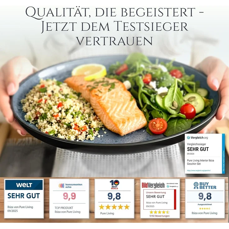 Steingut Geschirrset 6 Pers. Ibiza 24-tlg Hochwertiges Mediterranes TEST SEHR GUT Steingut Geschirr Set - Schüssel- und Teller Set - Tafelservice 6 Personen Geschirrsets Pure Living in Rauchblau – Bild 2
