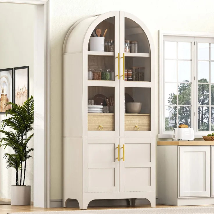 Highboard mit verstellbaren Regalböden und Schublade, Küchenschrank mit Riffelglas und großem Stauraum, Ideal für Esszimmer, Wohnzimmer und Küche (Weiß)--Weiß--76x40x180cm--YOUDENOVA