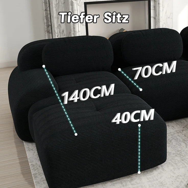2-Sitzer Sofa 208×178×75 cm aus Cordstoff rahmenlos modular mit 1 Ottomane, schwarz – Bild 6