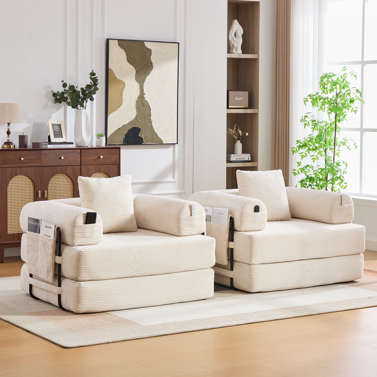LVHOM 3-in-1 Schlafsessel, Klappsofa mit Schlaffunktion, Einzelschlafsofa mit Seitentaschen und Kissen, Polstersofa aus Cordstoff, frei Kombination, Beige – Bild 10