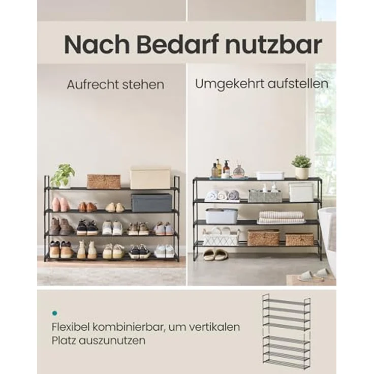 SONGMICS Schuhregal 4 Ebenen, Schuhständer Metall, Schuhaufbewahrung, Schuh-Organizer, aufrecht oder umgedreht, für 25-30 Paar Schuhe, stapelbar, Flur, 30 x 117 x 75 cm, schwarz LSA034B01 – Bild 5