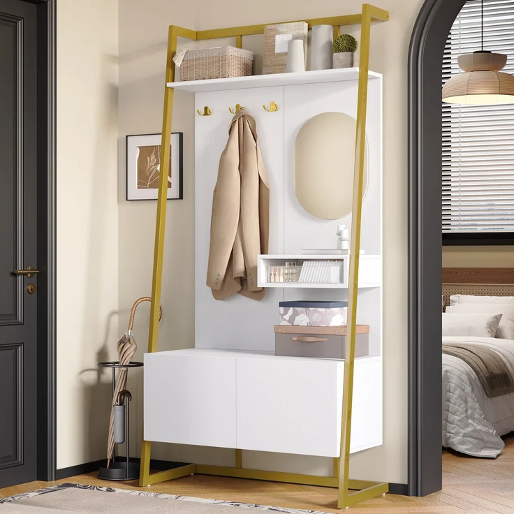 Faumrta Moderne minimalistische Kompaktgarderobe, offener multifunktionaler Aufbewahrungsschrank mit Spiegel, Metallhaken,Garderobenständer mit Schuhbank, Garderobe, Schuhaufbewahrung,Kleiderständer,78CM*38.5CM*180.5CMWeißMDF (Medium-Density-Faserplatte) – Bild 8