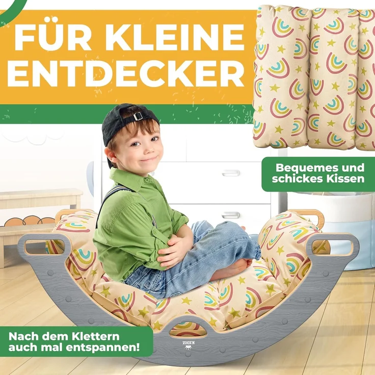 KIDIZ® Klettergerüst Montessori 7in1 Spiel-Set mit Kletterbogen Rutsche Kletterdreieck aus Holz inklusive Kissen, Tafel & Lern-Uhr | Indoor Spielplatz für Kleinkinder ab 1 Jahr & Kinder bis 3 Jahre Grau / Hellbraun – Bild 3