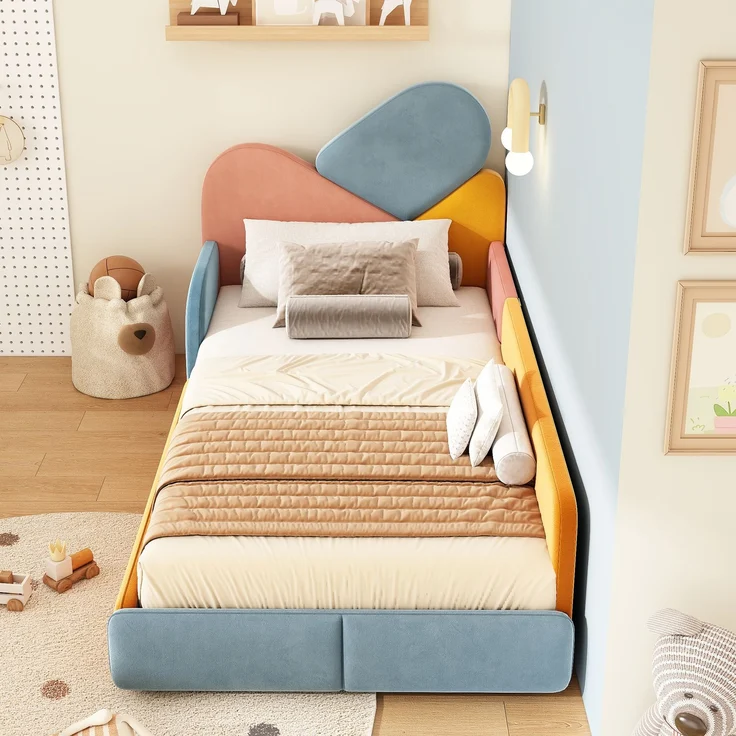 TavilaEcon Polsterbett Weiches Bodenbett mit gepolstertem Kopfteil & Fallschutz Blau+Pink+Orange Liegefläche 90 × 200 cm – Bild 4