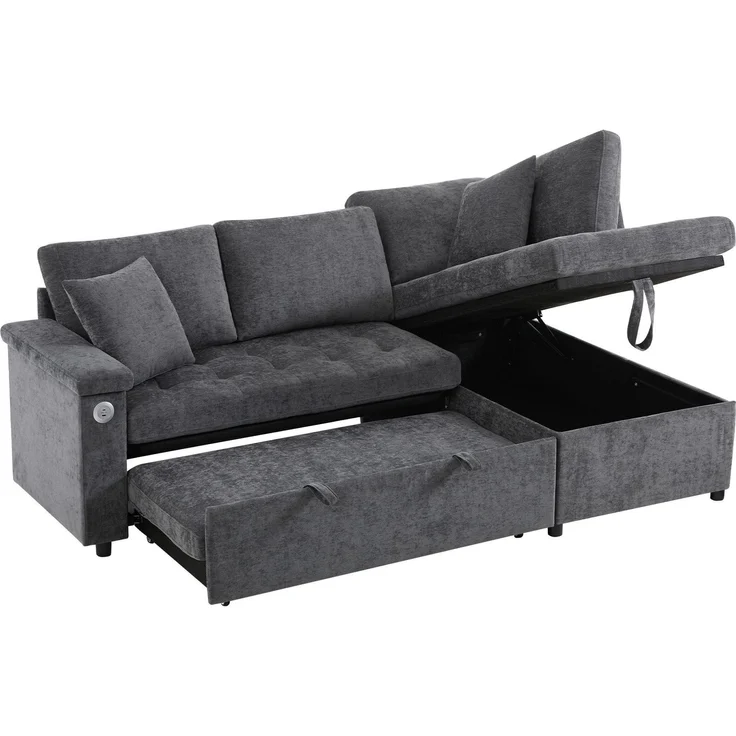 3-Sitzer Sofa mit Bettfunktion, Stauraum, Zierkissen, Rückenkissen, USB und Type-C, Liegefläche erweiterbar, Schlafsofa, Ecksofa, L-Form, Chenille – Bild 7