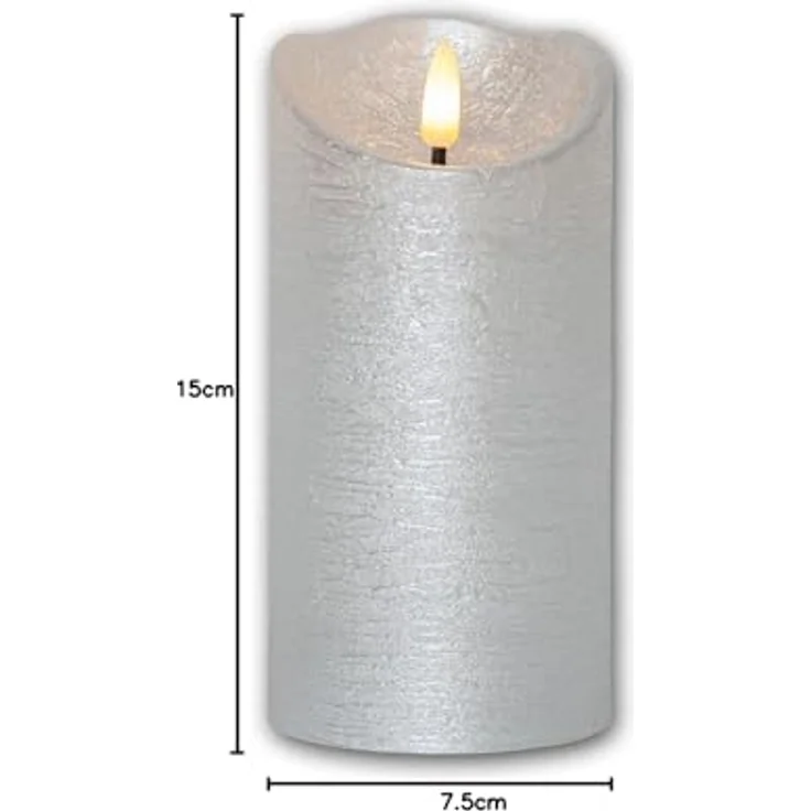 LED Echtwachskerze Flamme Rustic Batterien Timer silber H 15cm Ø 7,5cm – Bild 4