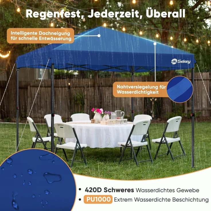 Sekey Premium Pop Up Pavillon 3x3 Wasserdicht Stabil, 3 x 3 m Pavillon mit Seitenwänden, Faltpavillon Partyzelt Faltbar für Camping Party, Höhe Verstellbar 250-270cm, (Navy, Ohne Seitenwände) – Bild 5