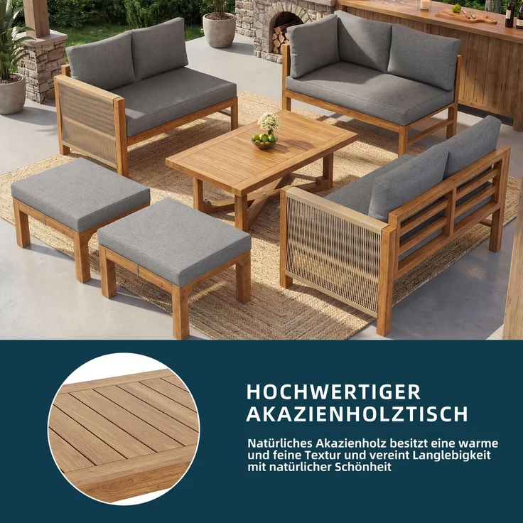 Merax Gartenmöbel-Set 6-tlg, Gartensofa mit Hocker und Tisch, Gartenloungeset Balkonmöbelset 8 Sitzer aus Akazie, Terassenmöbelset mit Kissen, Grau – Bild 9