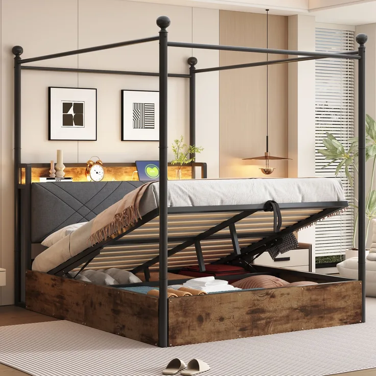 Bett 140x190 cm mit Bettkasten und LED-Beleuchtung, abnehmbarer Baldachin und integrierten USB- & Type-C-Anschlüssen