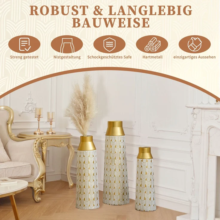 Goldene Bodenvase 3er Set, Moderne Metall Vase mit geometrischem Muster, 42/51/60,5 cm Groß Dekovase für Wohnzimmer, Esszimmer, Trockenblumen & Pampasgras--Gold--24.73x23.6x66.49cm--YOUDENOVA – Bild 2