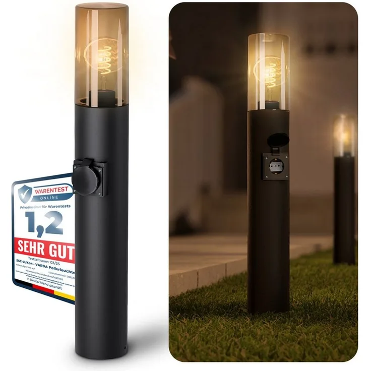 SSC-LUXon LED Gartenstrahler VARDA Wegeleuchte mit Steckdose LED Birne E27 Retro extra warmweiß 3W, Extra Warmweiß
