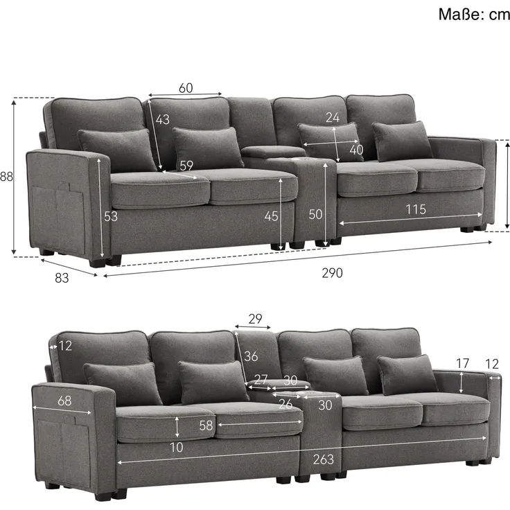 Big-Sofa, 4-Sitzer inkl. loser Zier- und Rückenkissen, Zwischentisch, USB-Anschlüssen, Polstersofa, Wohnzimmersofa, Leinen – Bild 7