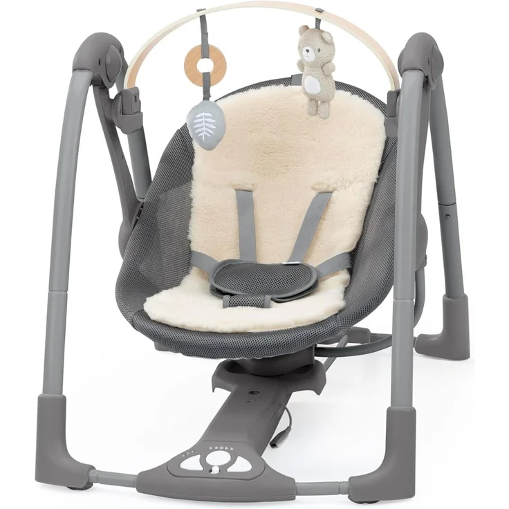 Ingenuity Every Season Swing 'n Go Tragbare Schaukel - Khlende und wrmende Stoffe, abnehmbare nachhaltige Spielzeugstange aus Holz, 2 Spielzeuge, Musik, motorisierte, fr 0-9 Monate, Grau - Wesley – Bild 1