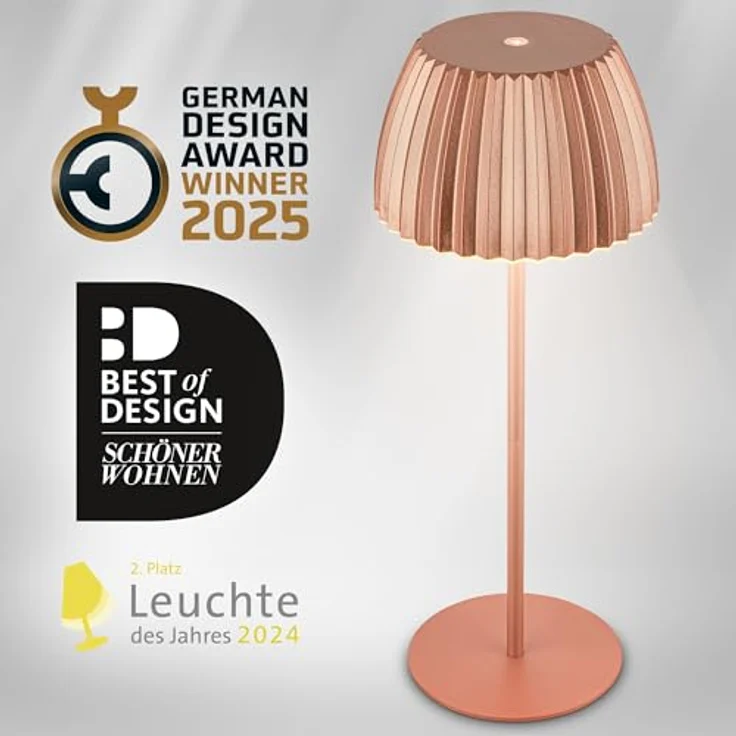 BRILONER - Riffle LED Tischlampe kabellos IP44 mit Lichtkante, 14,5x36,5 cm, Touchdimmer, Akku tauschbar, Nachttischlampe, Leselampe, LED Lampe, Akku Lampe, German Design Award Winner, Kupferfarbig – Bild 9